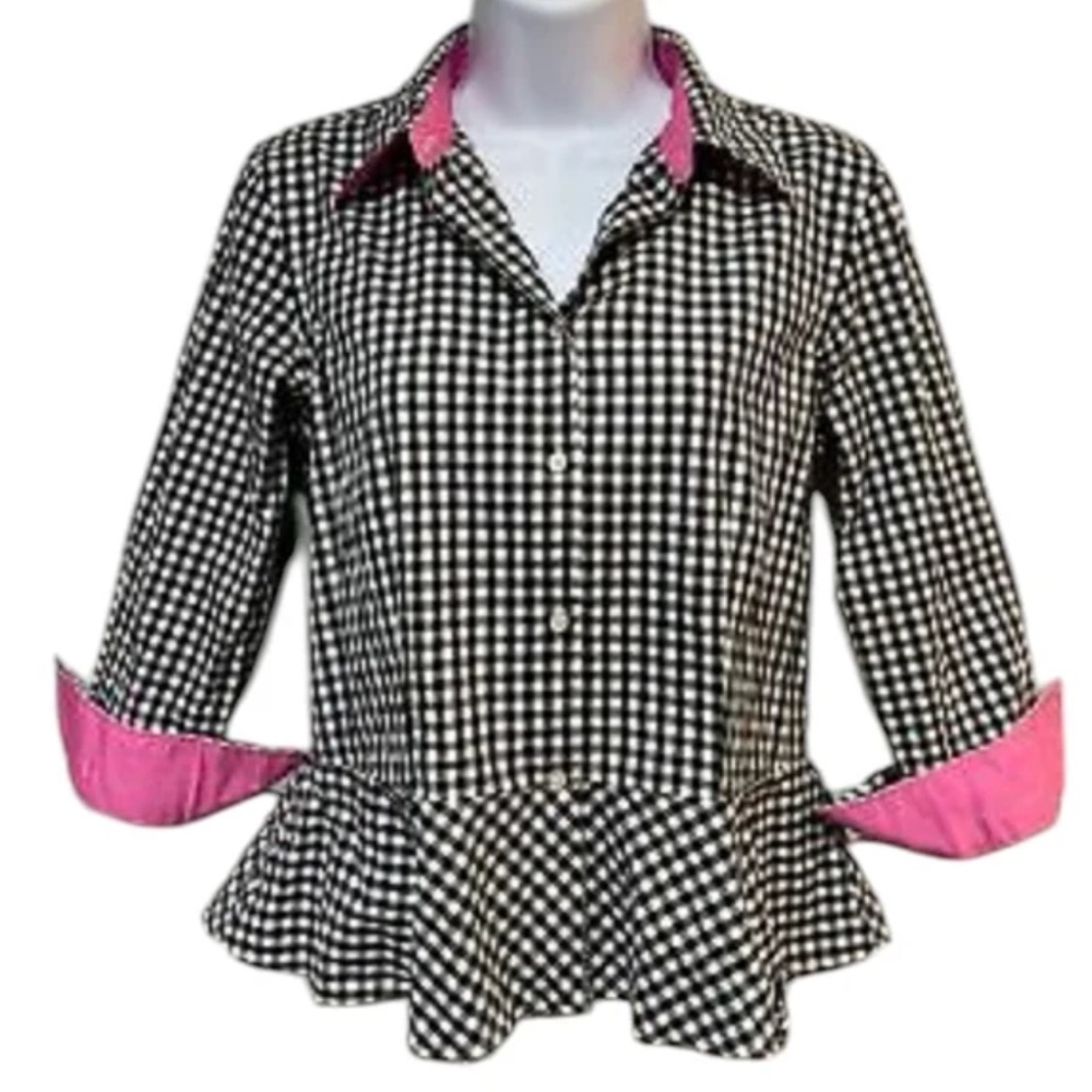RALPH LAUREN Shirt: Black White Gingham Pink Collar, Cuffs SIZE 10